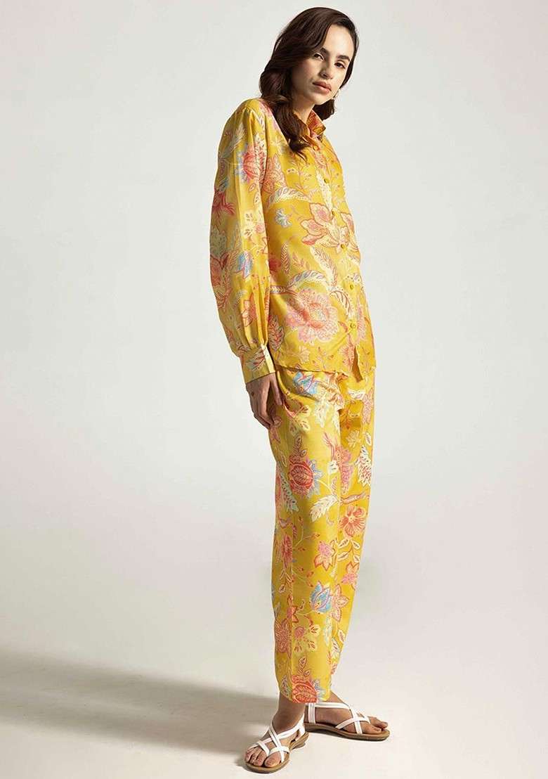 Yellow Omen Floral Printed Regular Shirt And Trousers Coords - Indya