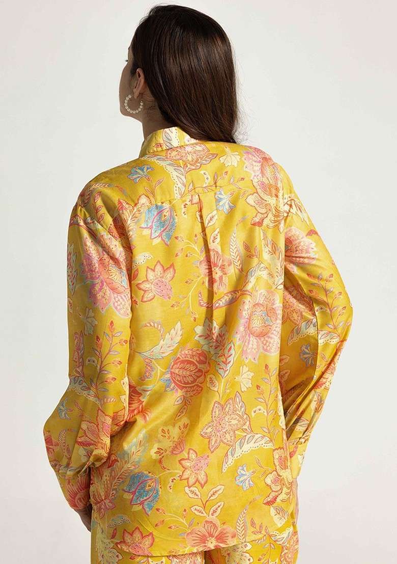 Yellow Omen Floral Printed Regular Shirt And Trousers Coords - Indya