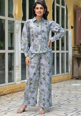 Blue Printed Pure Cotton Shirt And Trousers