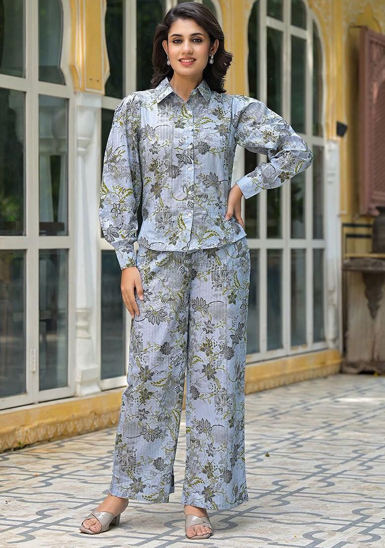 Blue Printed Pure Cotton Shirt And Trousers - Indya