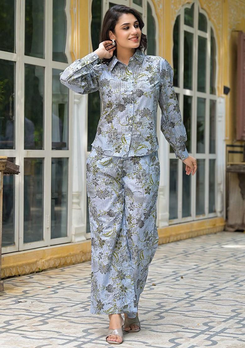 Blue Printed Pure Cotton Shirt And Trousers - Indya