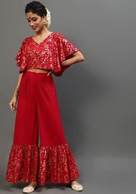 Red Printed Crop Top With Flared Sleeve And Sharara Coord Set