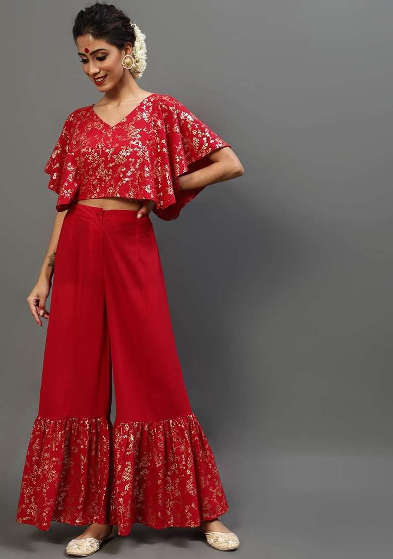 Red Printed Crop Top With Flared Sleeve And Sharara Coord Set - Indya