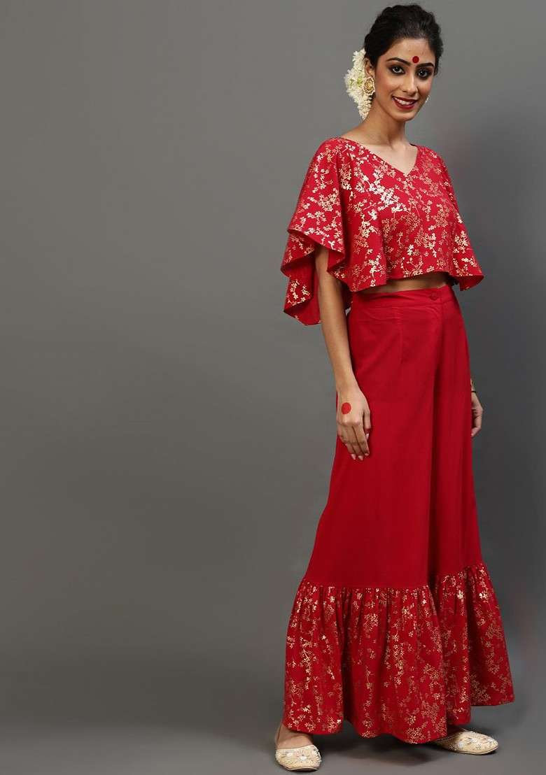 Red Printed Crop Top With Flared Sleeve And Sharara Coord Set - Indya