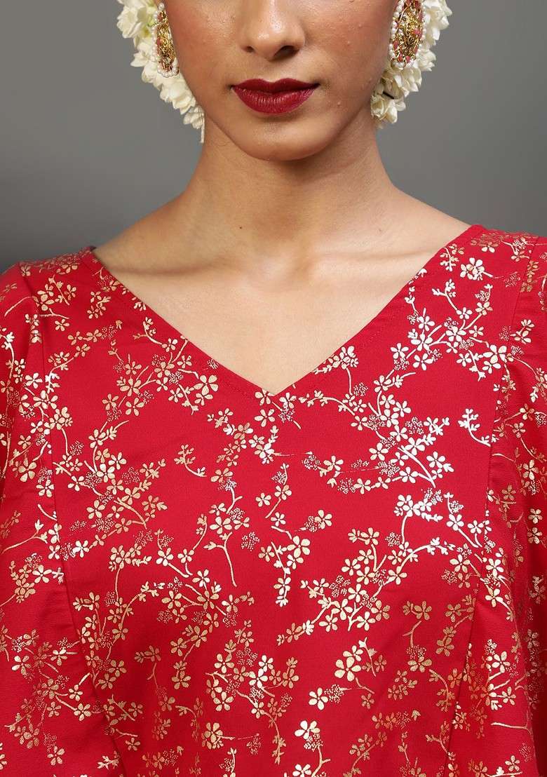 Red Printed Crop Top With Flared Sleeve And Sharara Coord Set - Indya