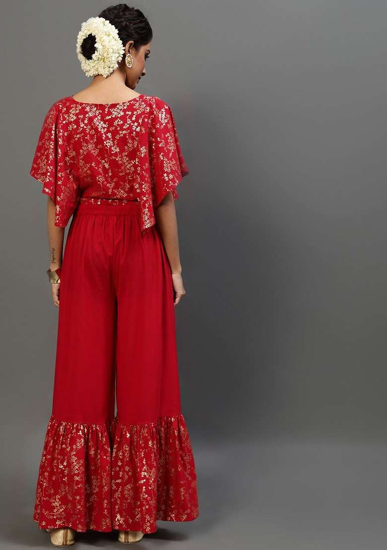 Red Printed Crop Top With Flared Sleeve And Sharara Coord Set - Indya