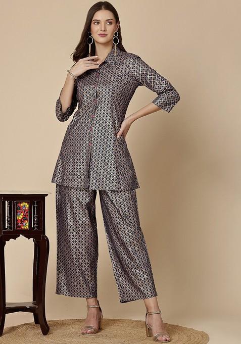 Blue Printed Shirt Stype Top And Palazzos