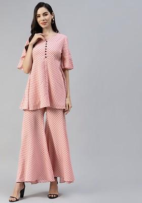 Pink Omen Pink And Black Polka Dots Printed Tunic And Sharara Set