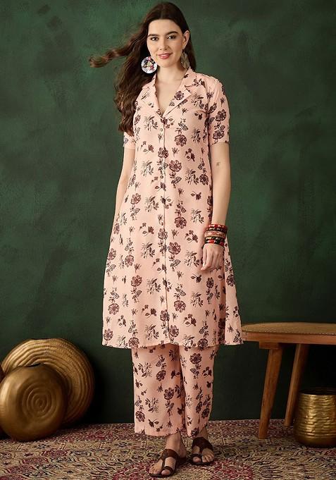 Peach Floral Printed Tunic With Trouser