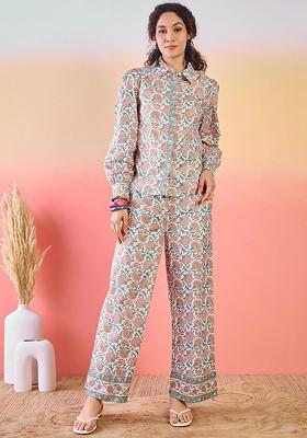 White Floral Printed Cotton Shirt With Trousers