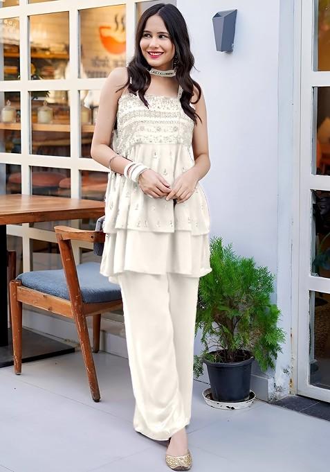 Cream Shoulder Straps Embroidered Georgette Ethnic Tunic With Palazzos And Dupatta — view on Indya