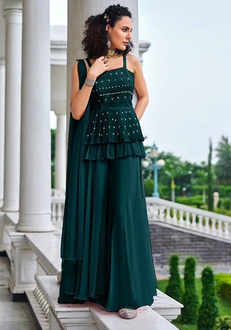 Teal Shoulder Straps Embroidered Georgette Ethnic Tunic With Palazzos And Dupatta — view on Indya