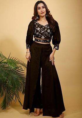 Brown Embroidered Sweetheart Neck Crop Top With Palazzos