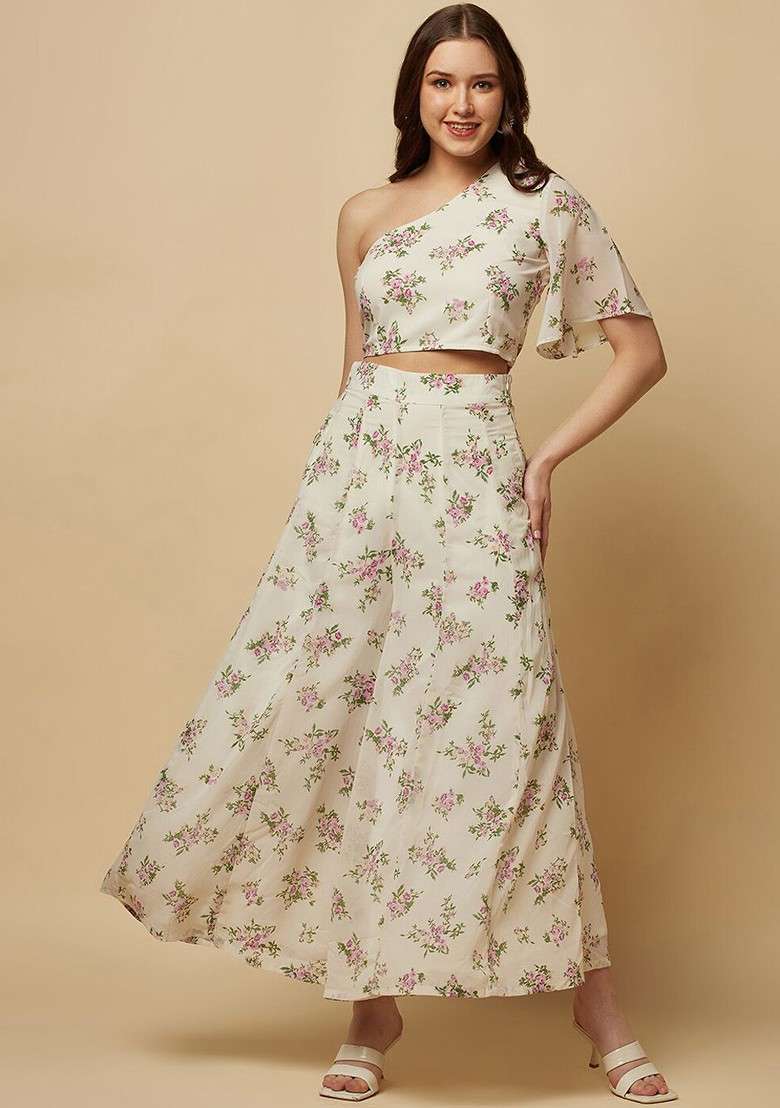 White Floral Printed One Shoulder Top With Flared Palazzos - Indya