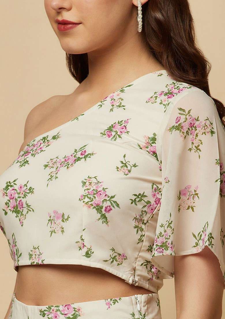 White Floral Printed One Shoulder Top With Flared Palazzos - Indya