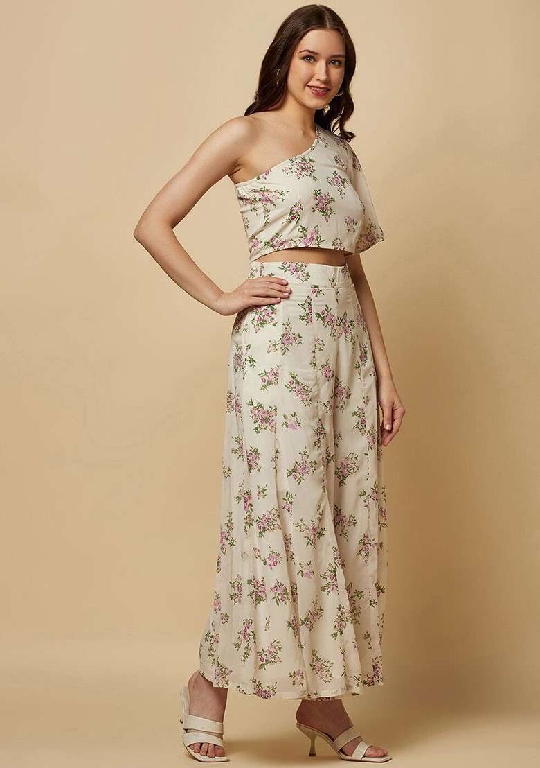 White Floral Printed One Shoulder Top With Flared Palazzos - Indya