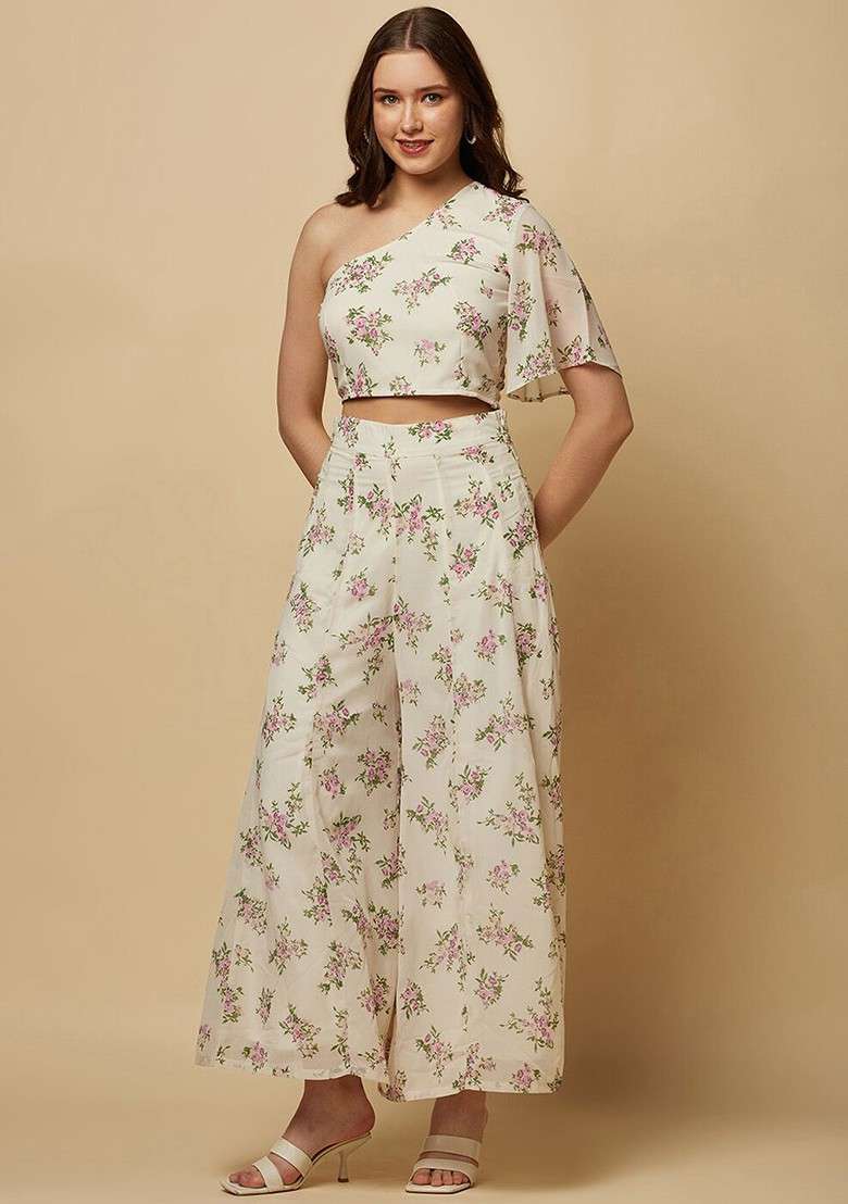 White Floral Printed One Shoulder Top With Flared Palazzos - Indya