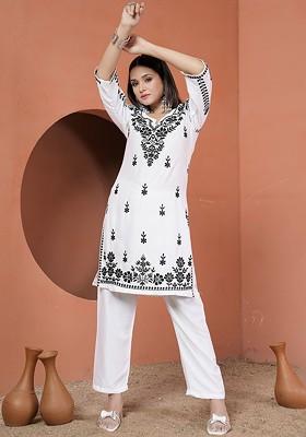White Embroidered Round Neck Top With Trousers Coords Set