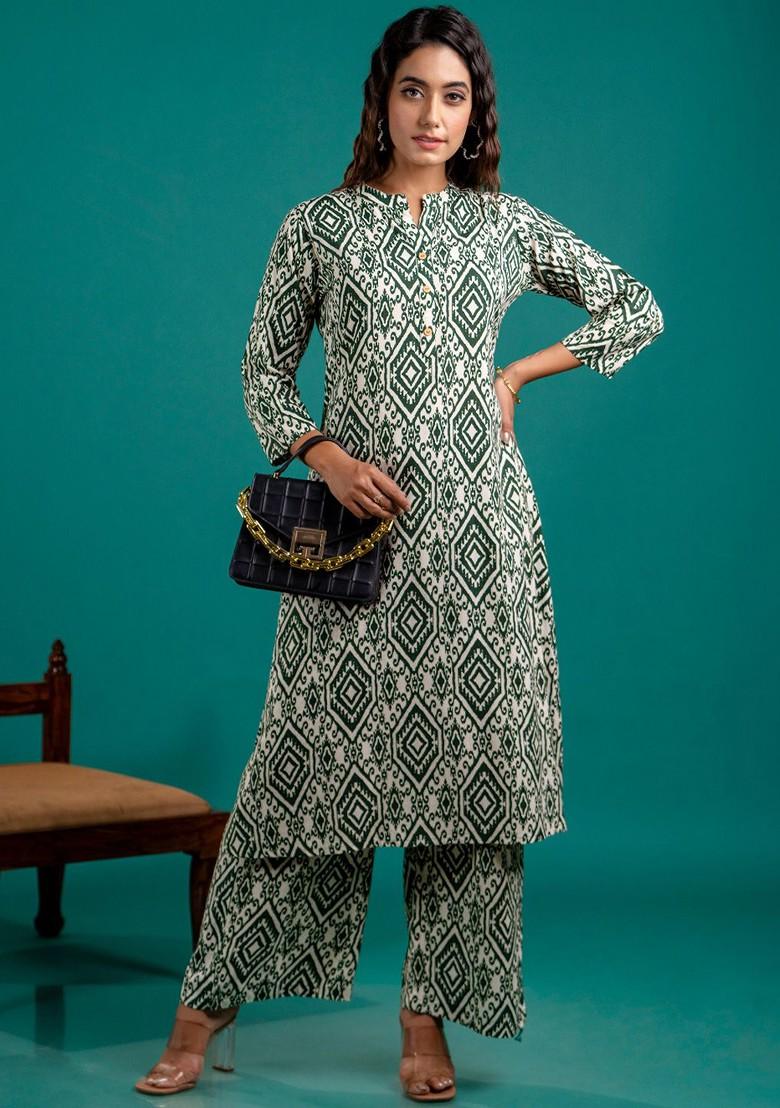 Green Green And White Geometric Printed Pure Cotton Mandarin Collar Tunic With Trouser