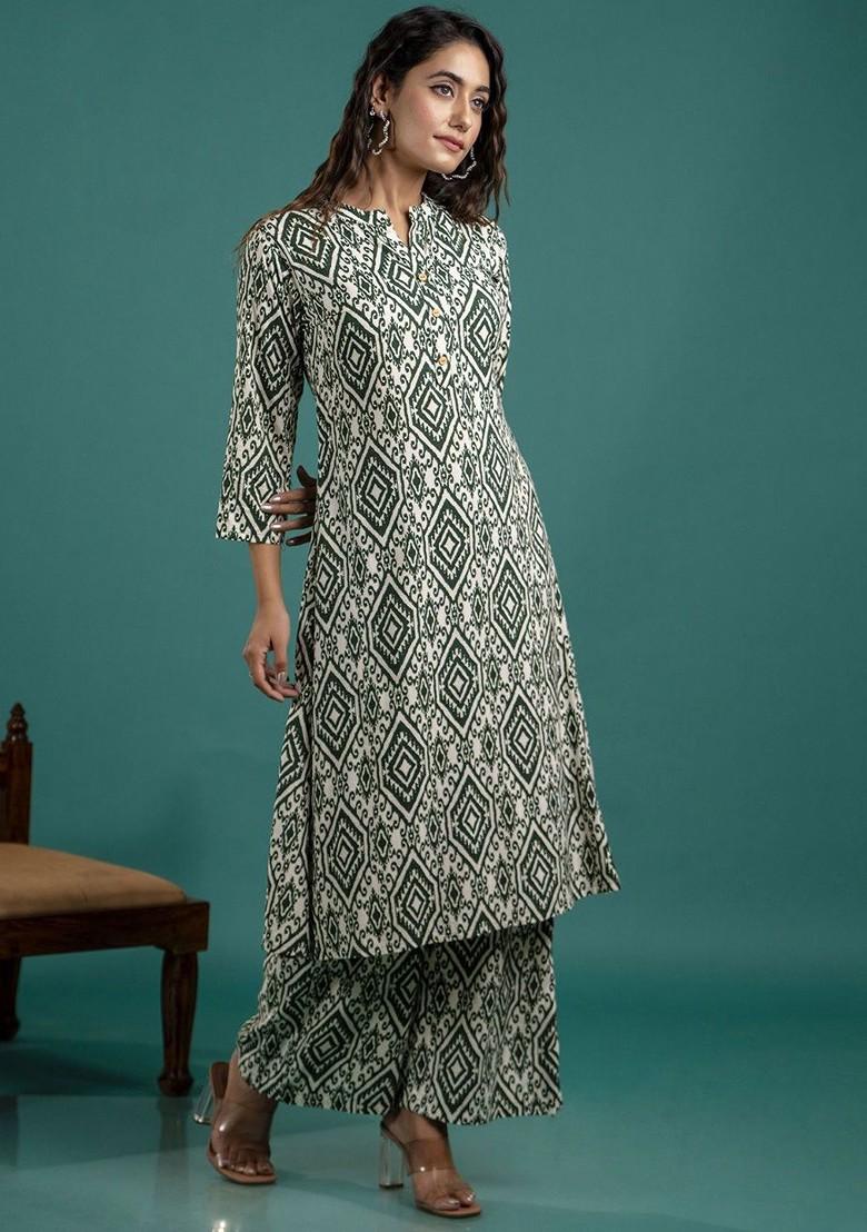 Green Green And White Geometric Printed Pure Cotton Mandarin Collar Tunic With Trouser
