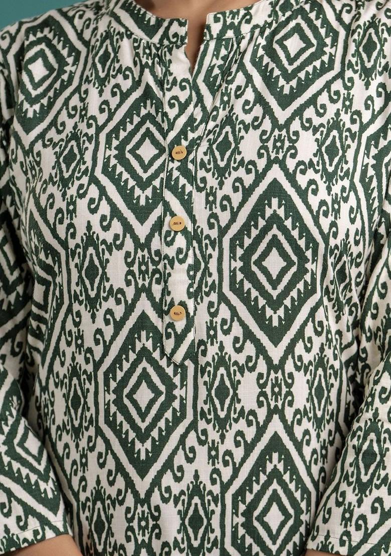 Green Green And White Geometric Printed Pure Cotton Mandarin Collar Tunic With Trouser