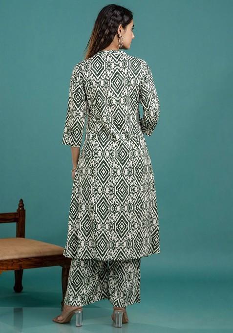 Green Green And White Geometric Printed Pure Cotton Mandarin Collar Tunic With Trouser