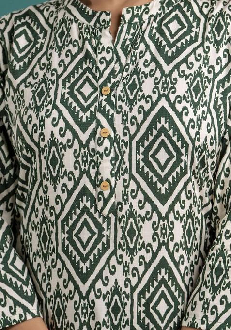 Green Green And White Geometric Printed Pure Cotton Mandarin Collar Tunic With Trouser