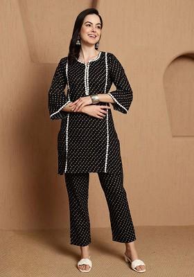 Black Women Printed Top With Trouser Coords Set
