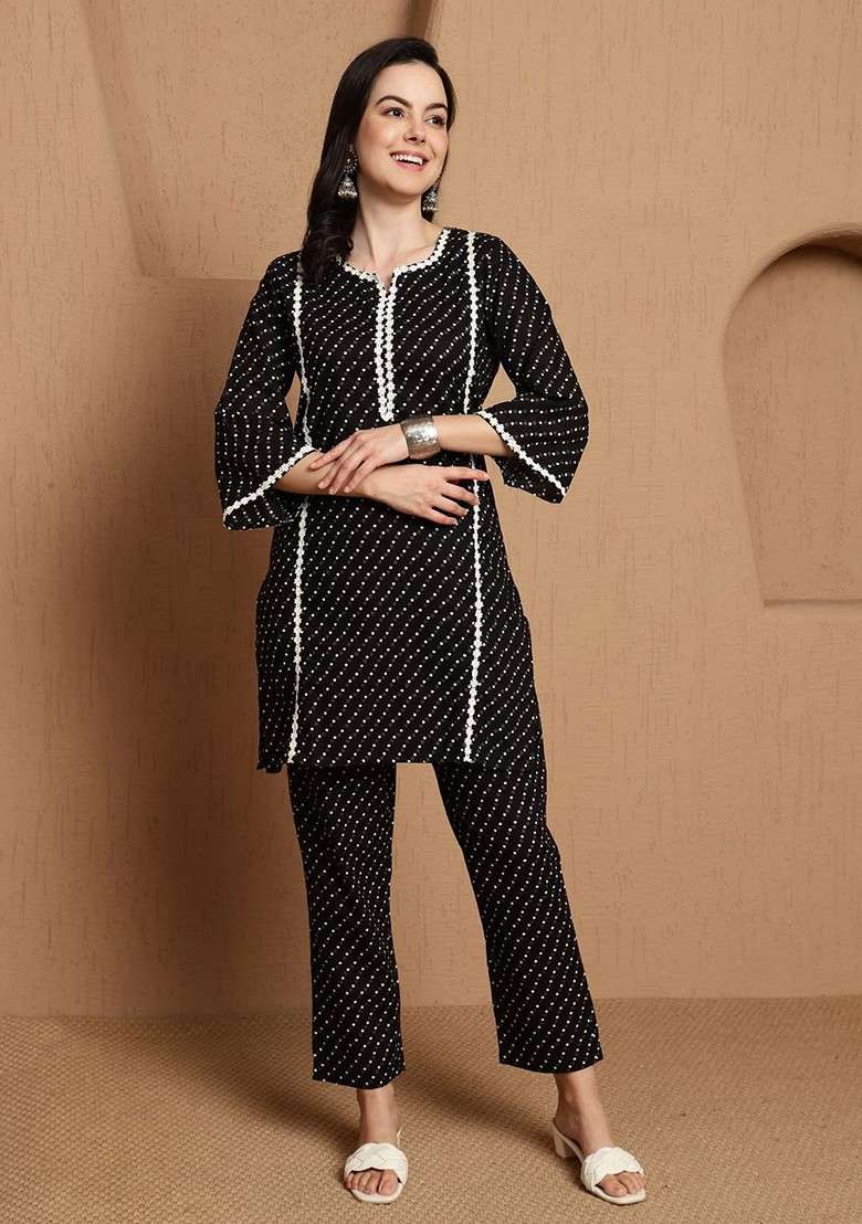 Black Women Printed Top With Trouser Coords Set - Indya