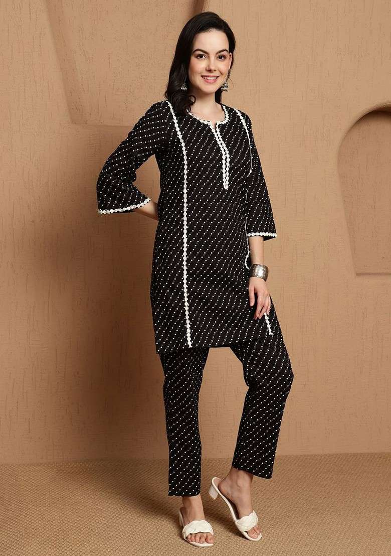 Black Women Printed Top With Trouser Coords Set - Indya