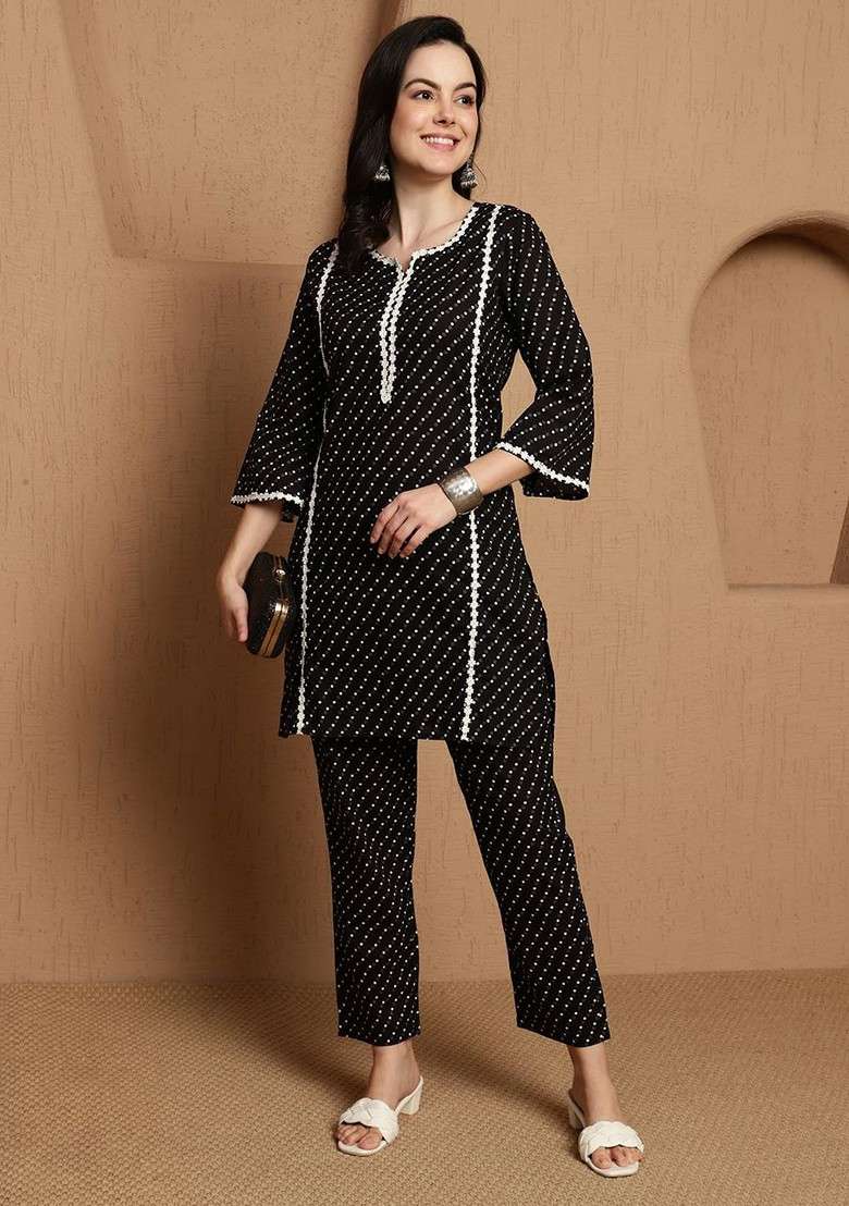 Black Women Printed Top With Trouser Coords Set - Indya