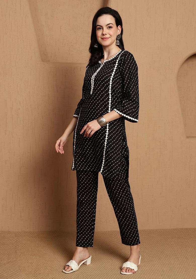 Black Women Printed Top With Trouser Coords Set - Indya