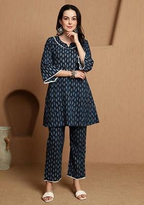 Blue Women Floral Printed Pure Cotton Coords Set