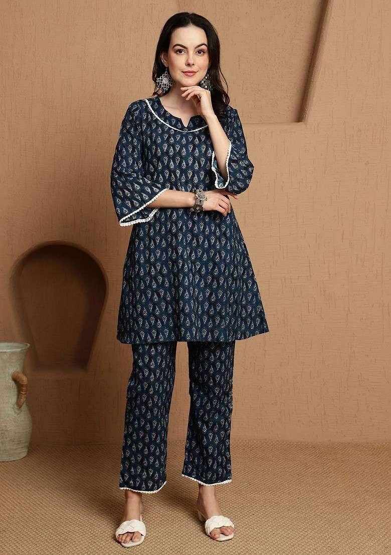 Blue Women Floral Printed Pure Cotton Coords Set - Indya