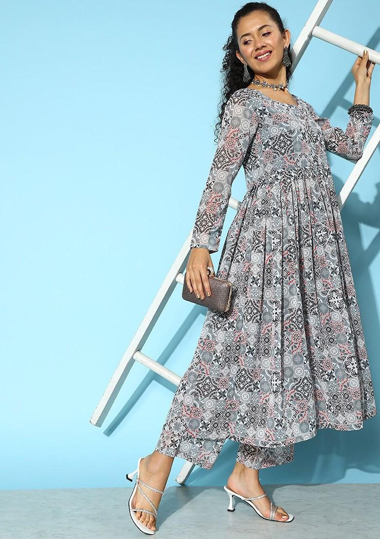 Grey Printed Anarkali Kurta With Trousers Set - Indya