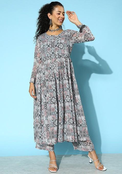 Grey Printed Anarkali Kurta With Trousers Set