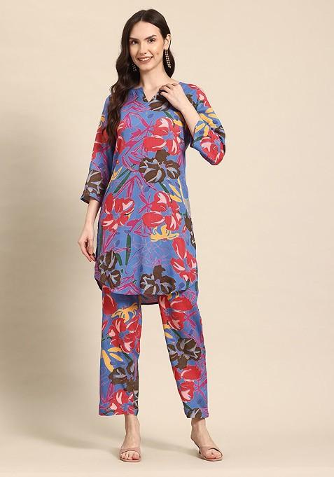 Blue Floral Printed Tunic With Trousers