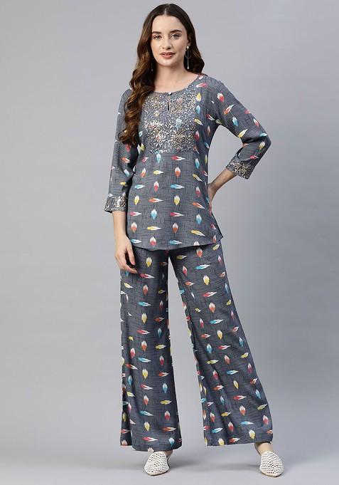 Grey Printed Ethnic Coords