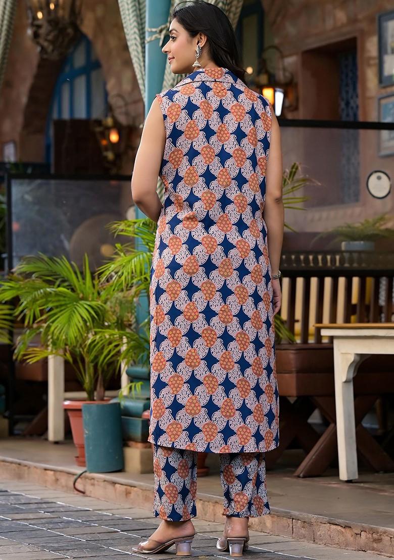 Navy Blue Printed Shirt Collar Tunic With Trousers Coords