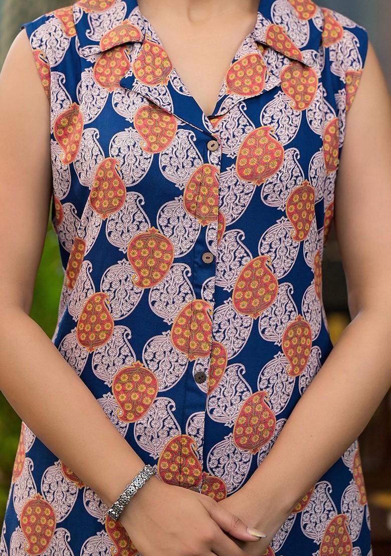 Navy Blue Printed Shirt Collar Tunic With Trousers Coords