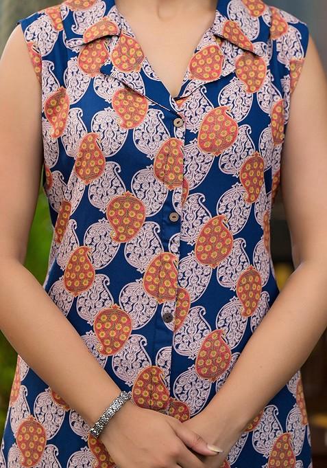 Navy Blue Printed Shirt Collar Tunic With Trousers Coords