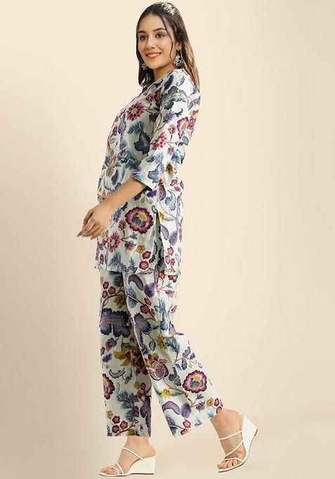 Blue Printed Tunic And Palazzo Coords