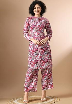 Maroon Maroon Abstract Printed Coords With Mandarin Collar