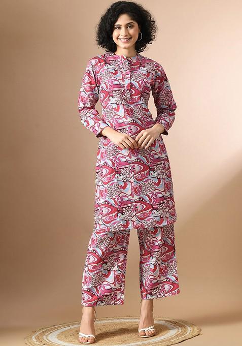 Maroon Maroon Abstract Printed Coords With Mandarin Collar