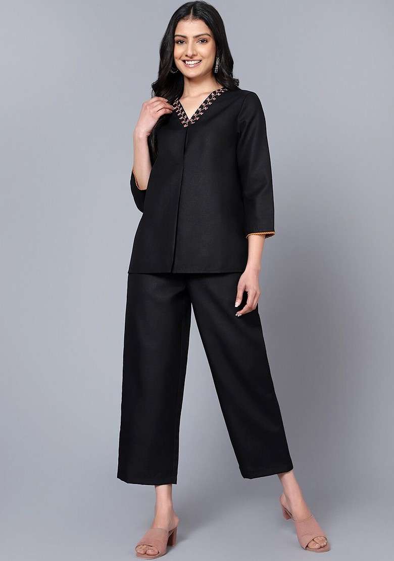 Black Embroidered Ethnic Tunic With Trouser - Indya