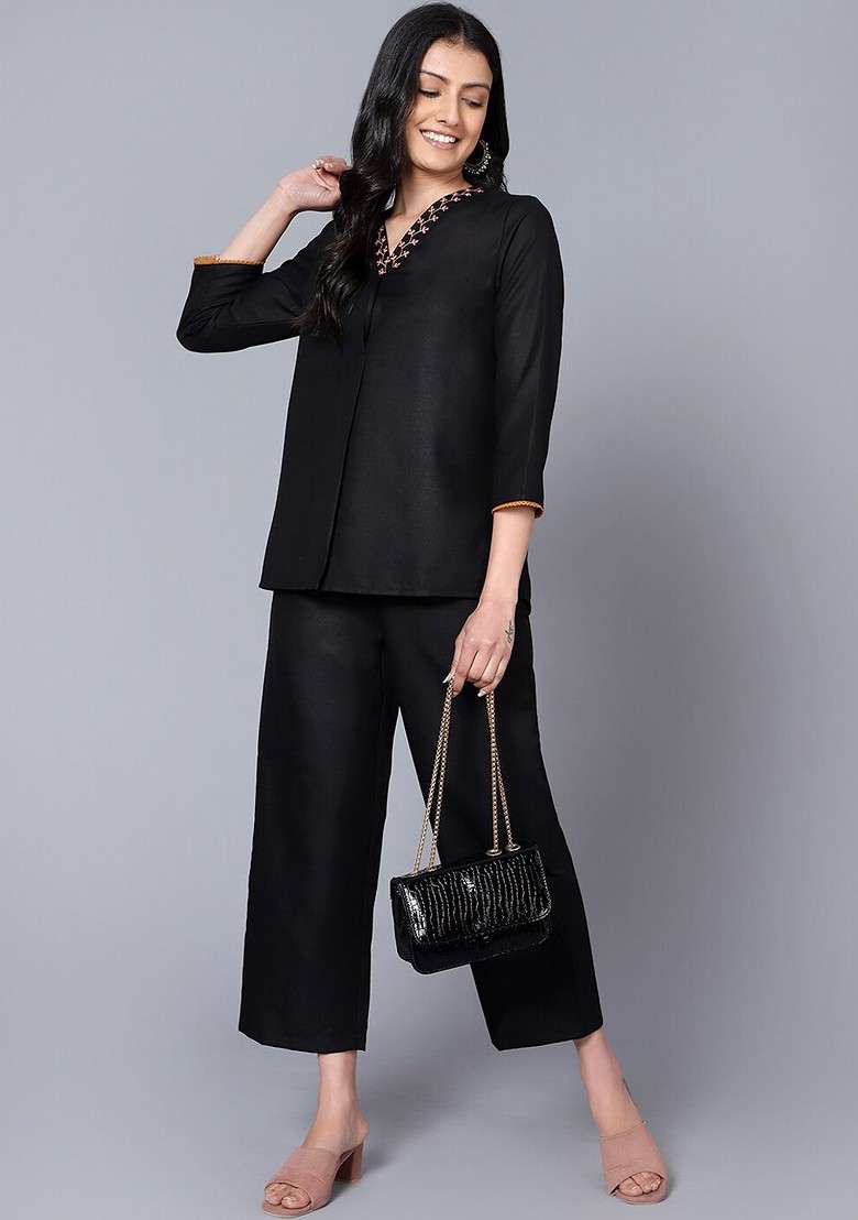 Black Embroidered Ethnic Tunic With Trouser - Indya
