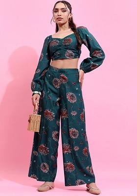 Teal Teal Printed Square Neck Crop Top With Straight Palazzo
