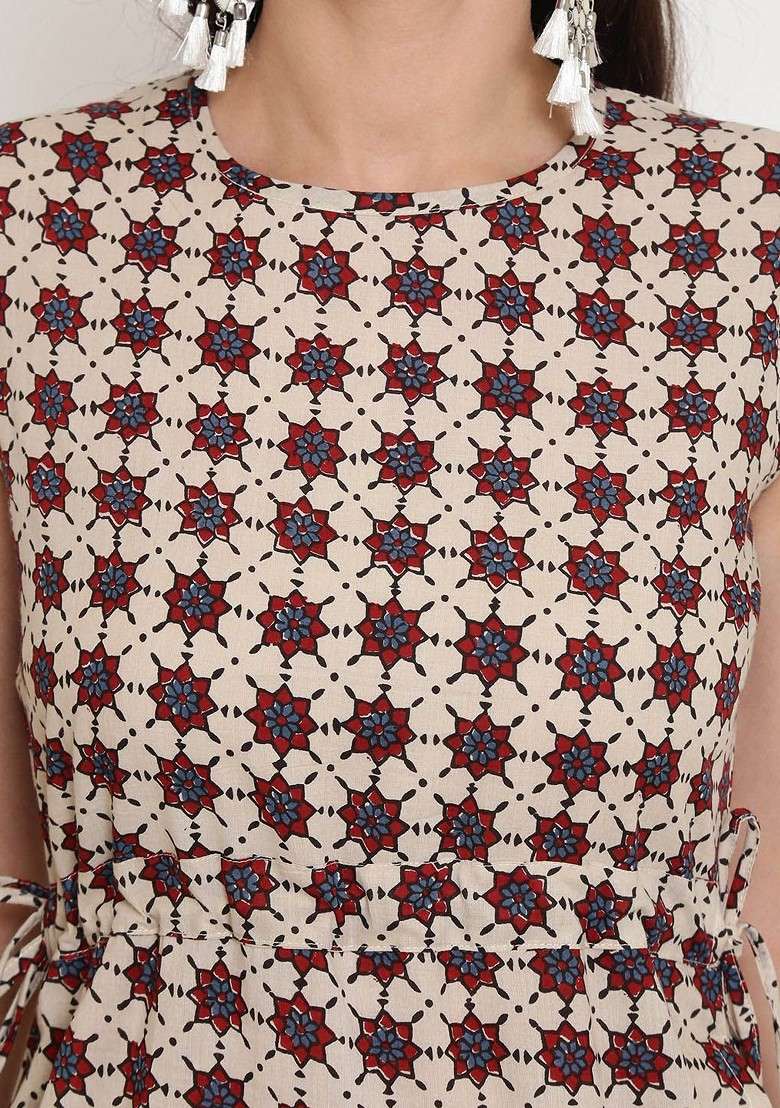 Off White Printed Round Neck Top With Trousers Coords - Indya
