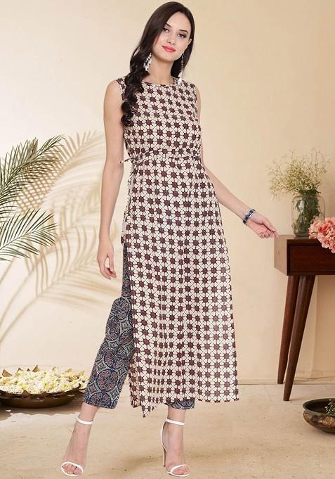 Off White Printed Round Neck Top With Trousers Coords