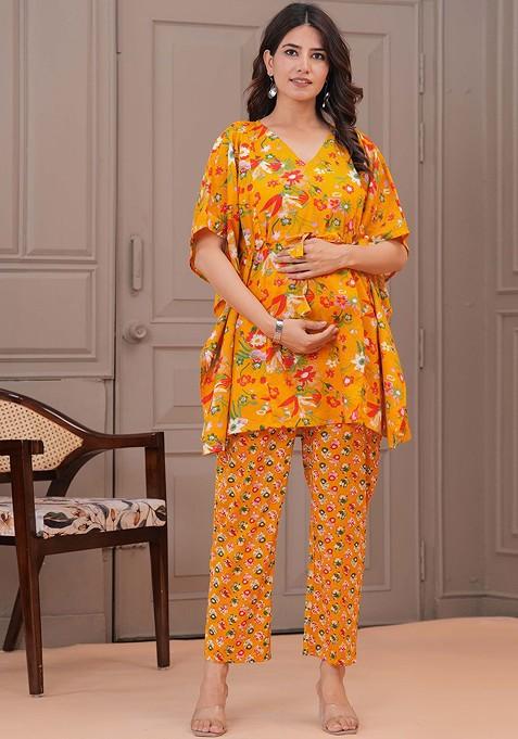 Yellow Floral Printed Vneck Pure Cotton Aline Maternity Kaftan With Trouser